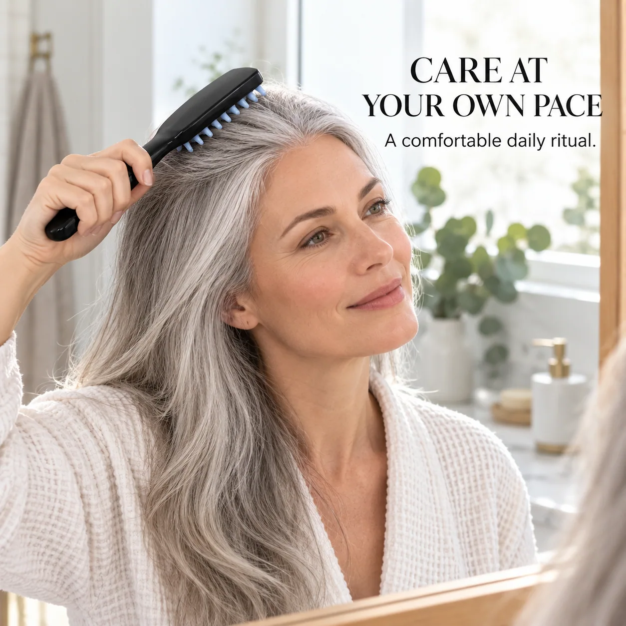 Woman using black slim massage comb on scalp
