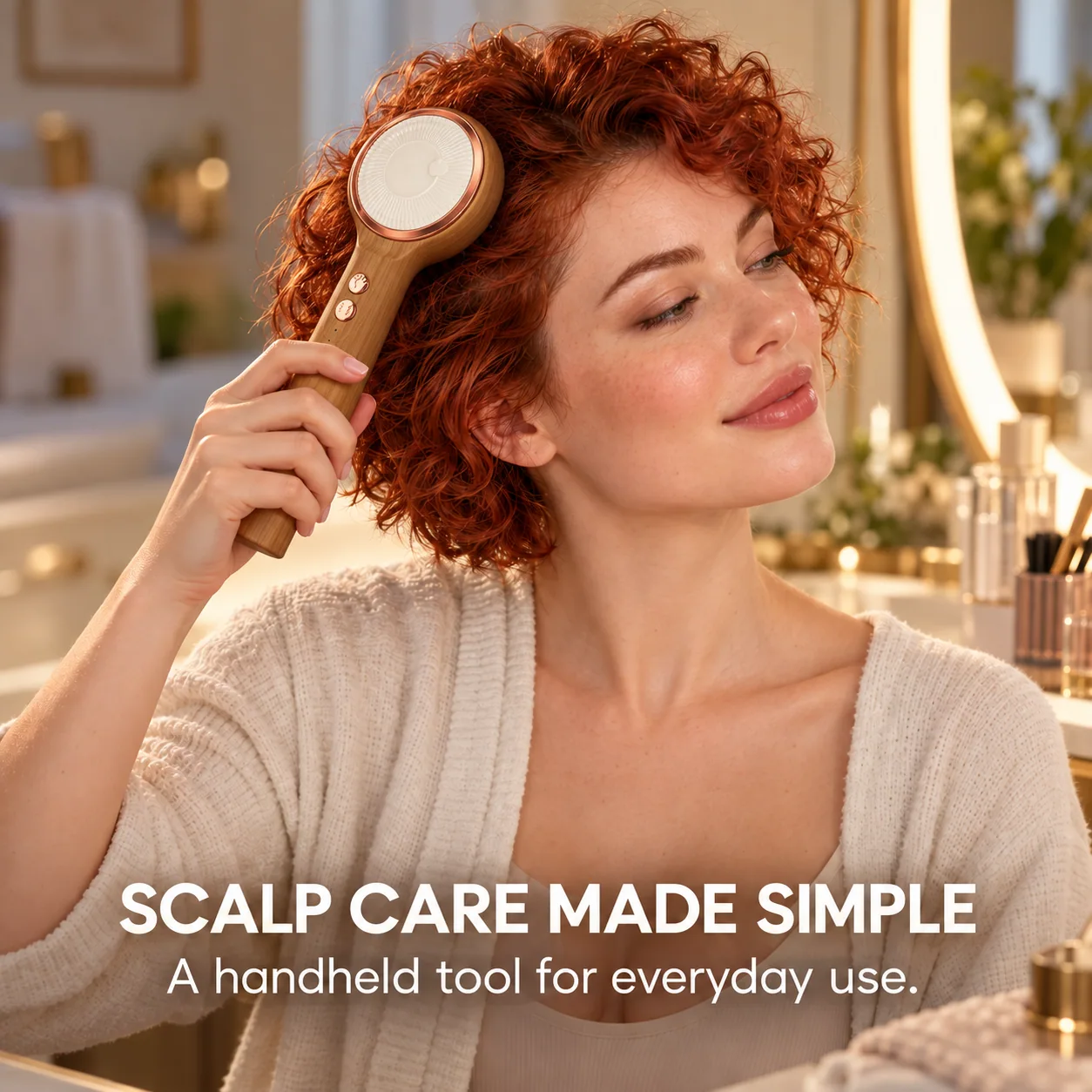 Woman using wood-look round scalp massage comb