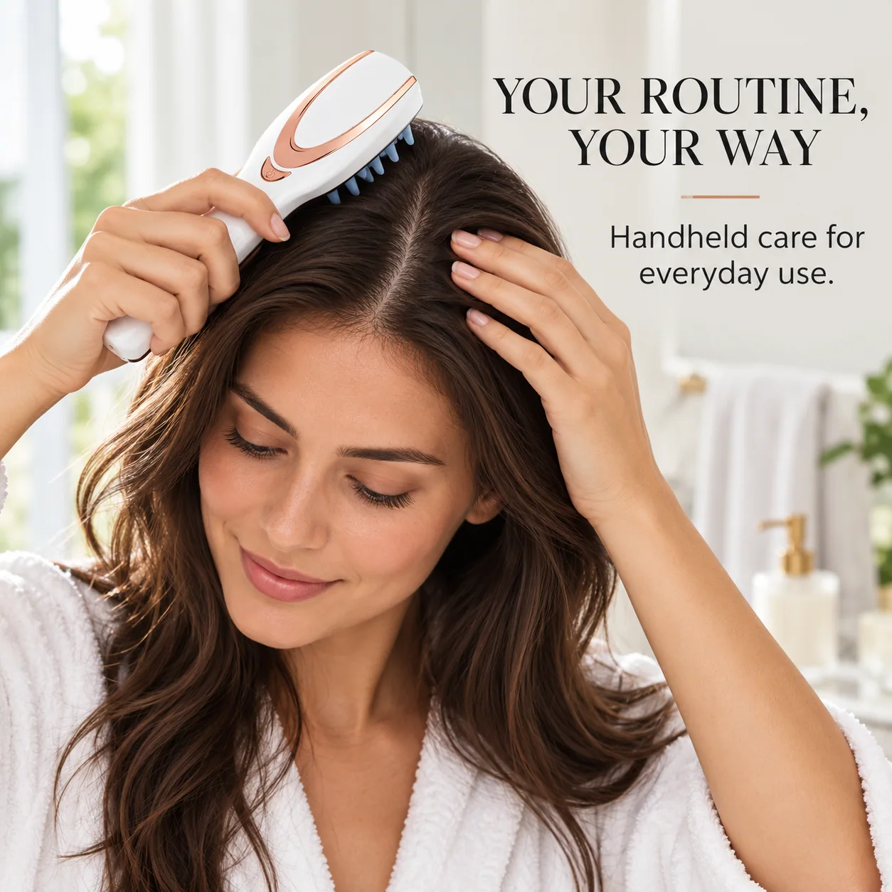 Woman using slim white and rose gold massage comb on scalp
