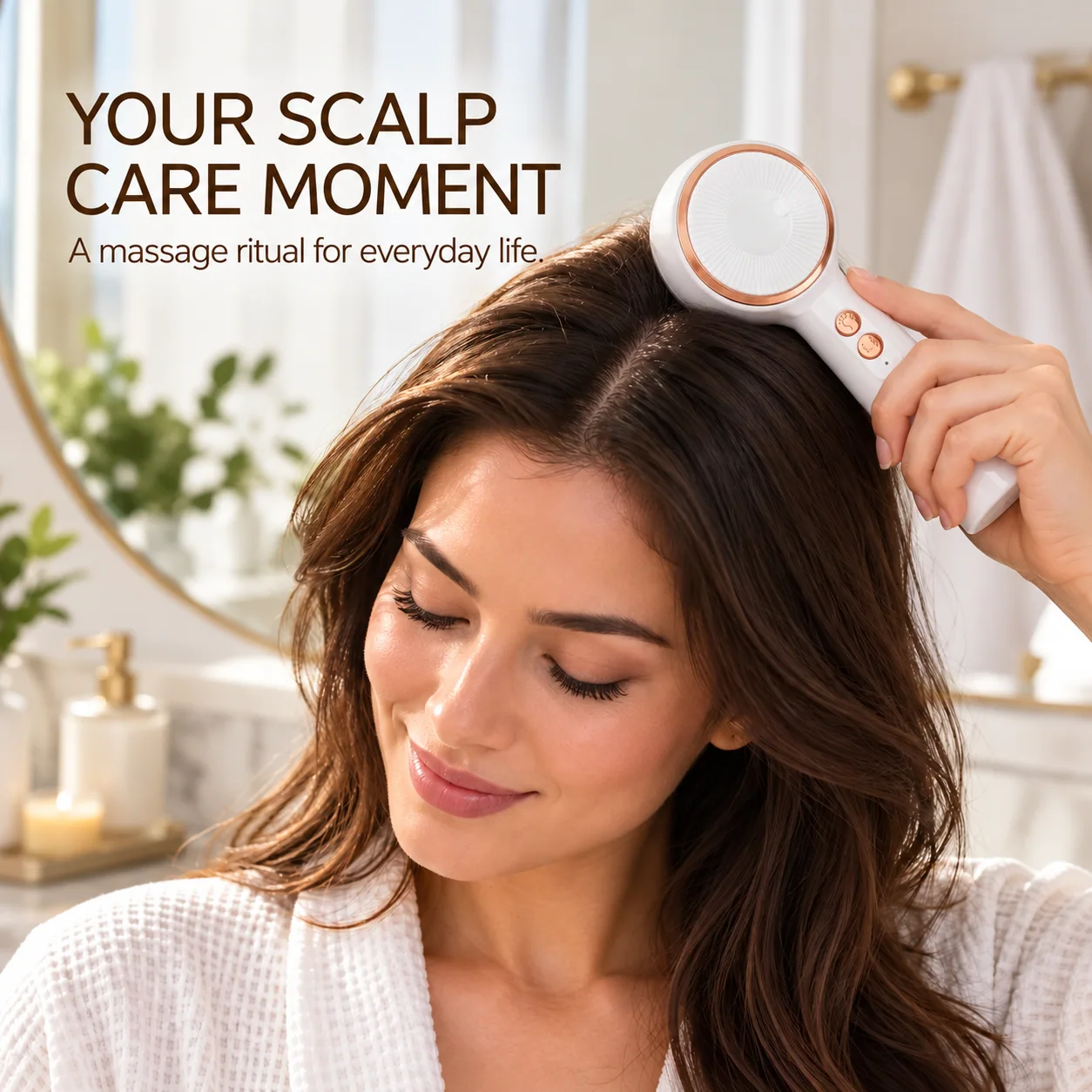 Woman using white round scalp massage comb