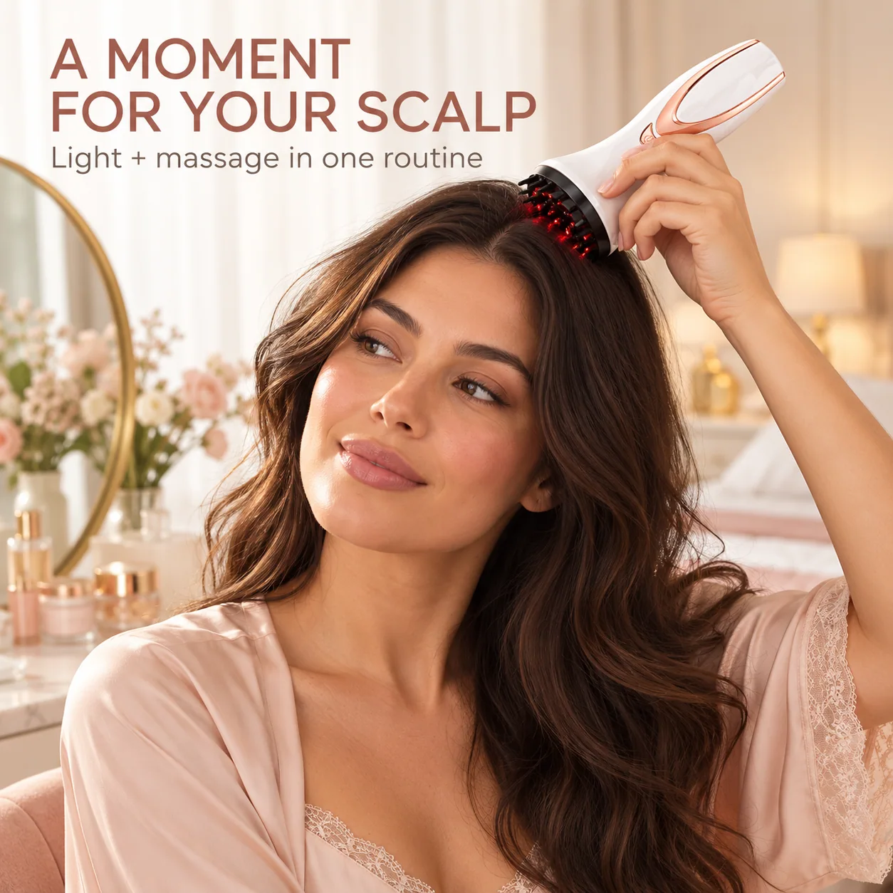 Model using Light Therapy Massage Comb against the scalp